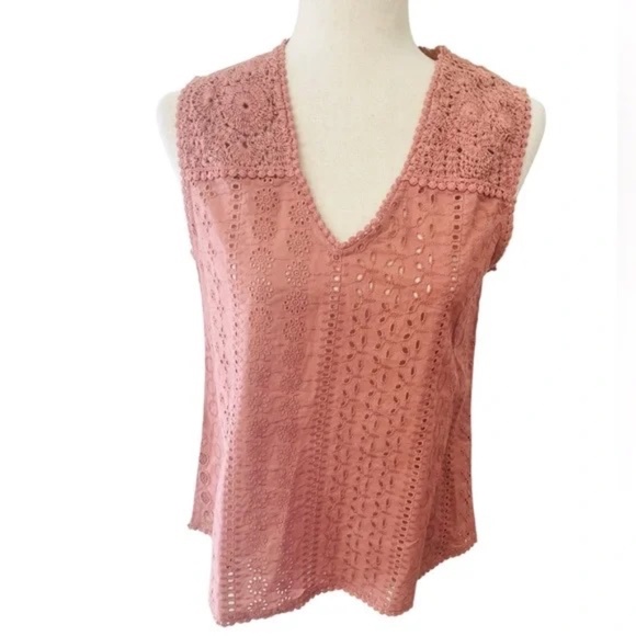 Joie XS Sleeveless Eyelet Cotton Top Pink Boho Crochet Detail Blouse - Picture 10 of 10